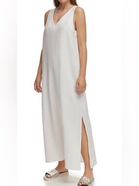 DKNY White Sleeveless V-Neck Maxi Dress with Side Slit